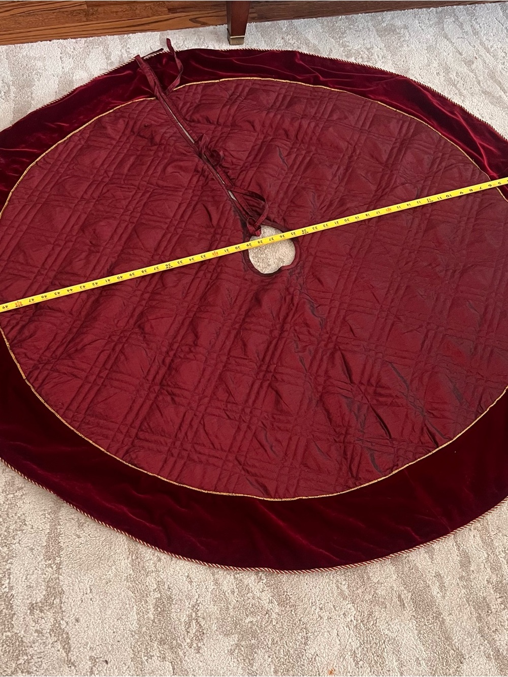 Burgundy Velvet Christmas Tree Skirt with Gold Trim